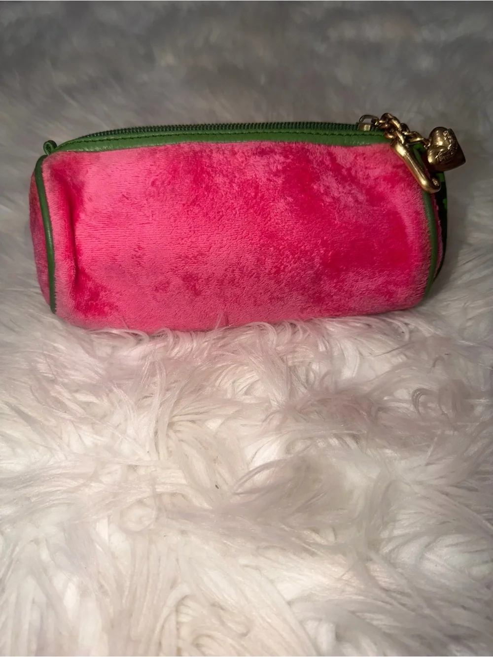 Y2K Juicy Couture Watermelon Velvet Logo Pouch & Gold Charm